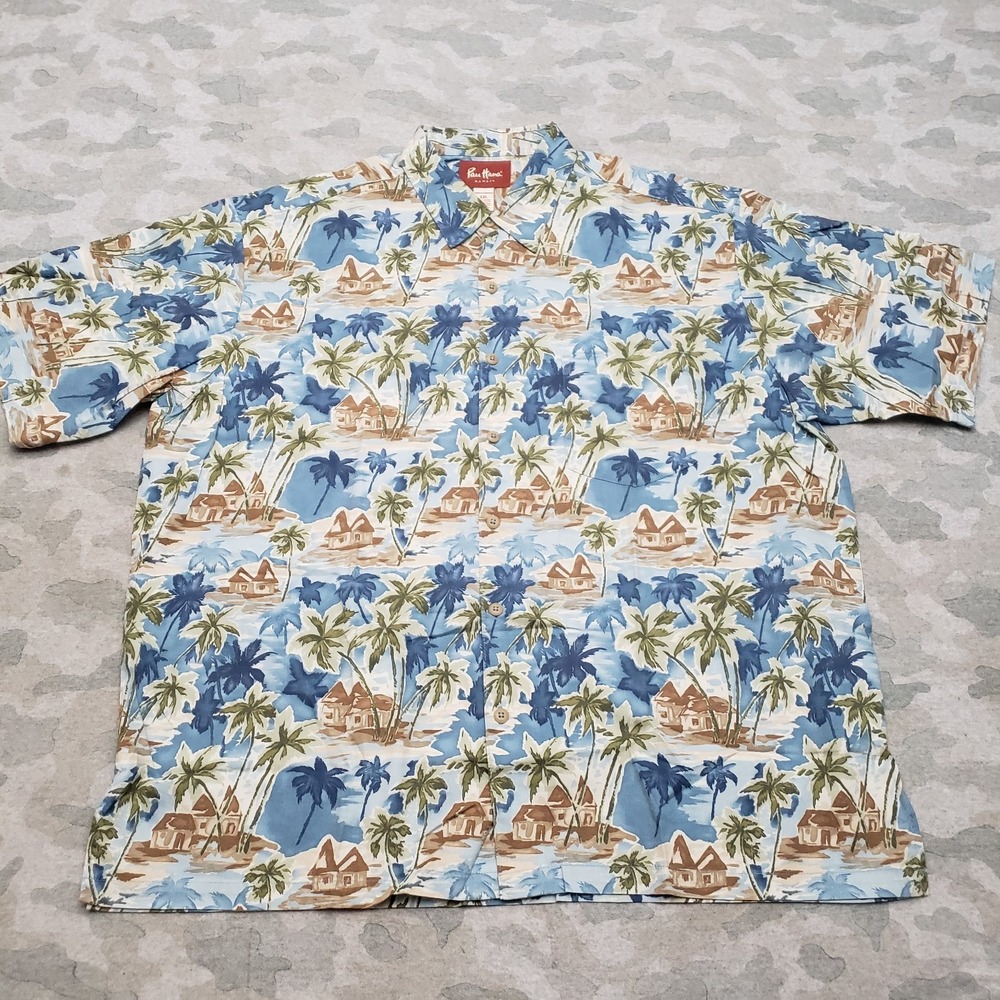 Pau Hana Hawaiian Shirt Mens 2XL Blue Short Sleeve Button-Up Palm Tree Tropical